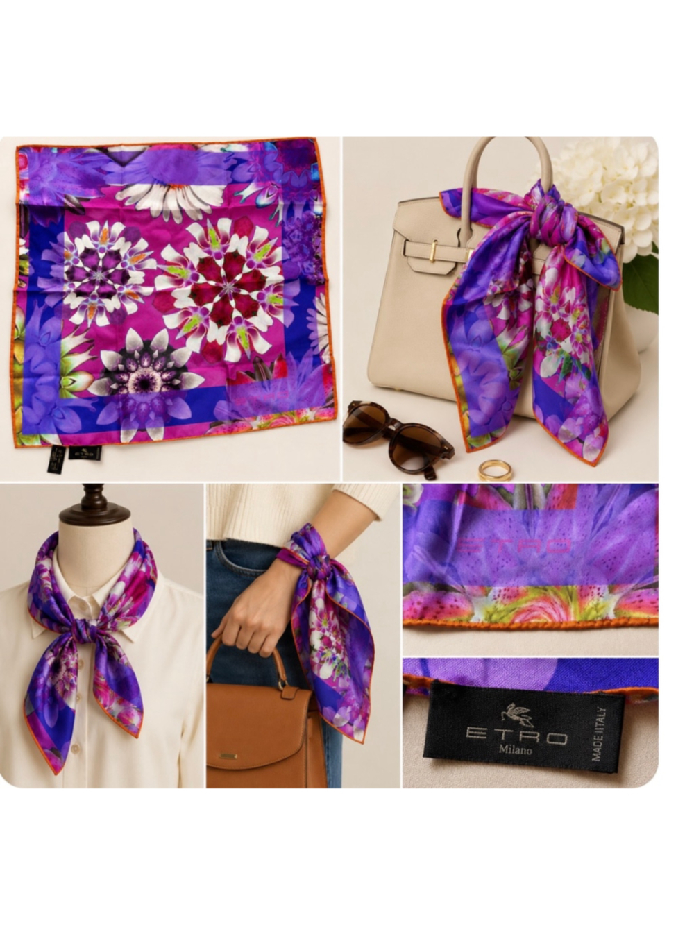 Etro Silk Scarf Purple Pink Floral Print 100% Silk New Luxury